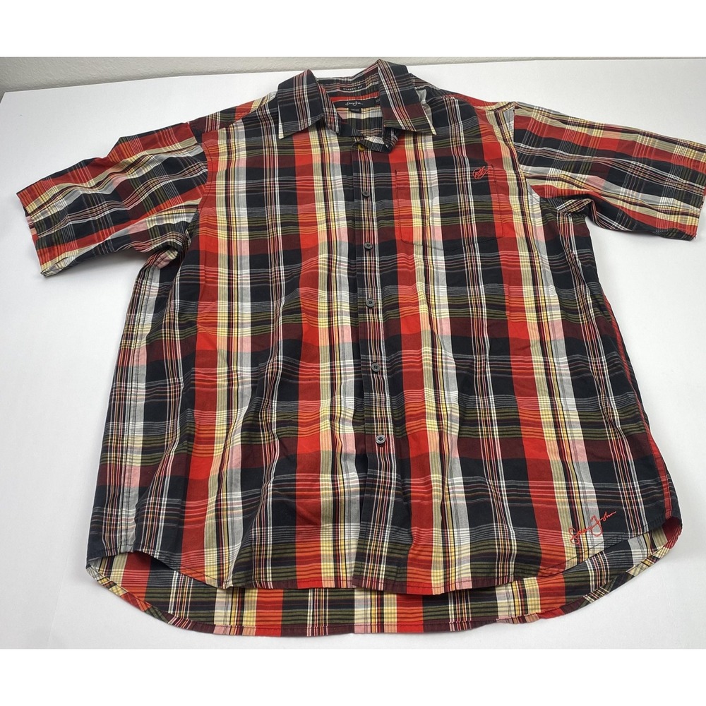 Sean John Shirt Mens 2XL Red Plaid Short Sleeve Button Front Classic Fit Casual